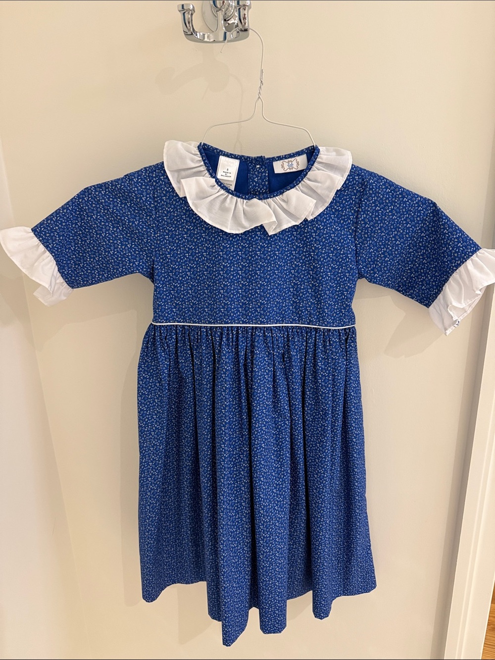 Girls' Navy Blue Ruffle-Collar Formal Dress with White Trim